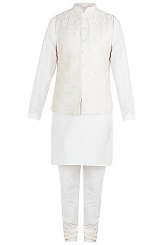 Ivory Embroidered Silk Bundi Jacket With Kurta & Churidaar Pants