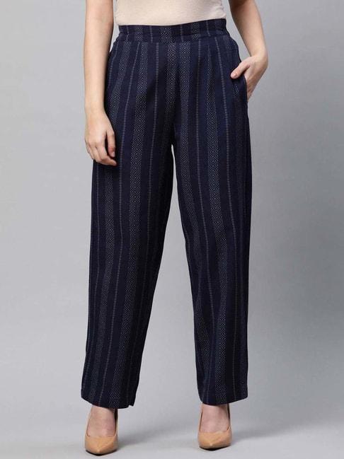 Linen Club Woman Navy Linen Printed Pants