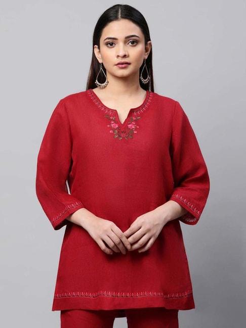 Linen Club Woman Red Linen Embroidered Tunic