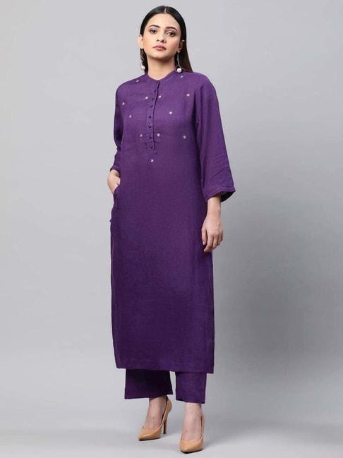 Linen Club Woman Purple Linen Embroidered Straight Kurta