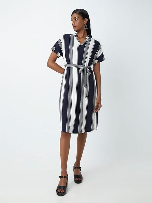 Wardrobe by Westside Navy And White Striped Dress With Belt