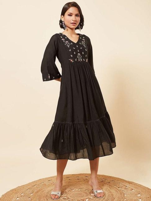 Marigold Lane Black Embroidered A-Line Dress