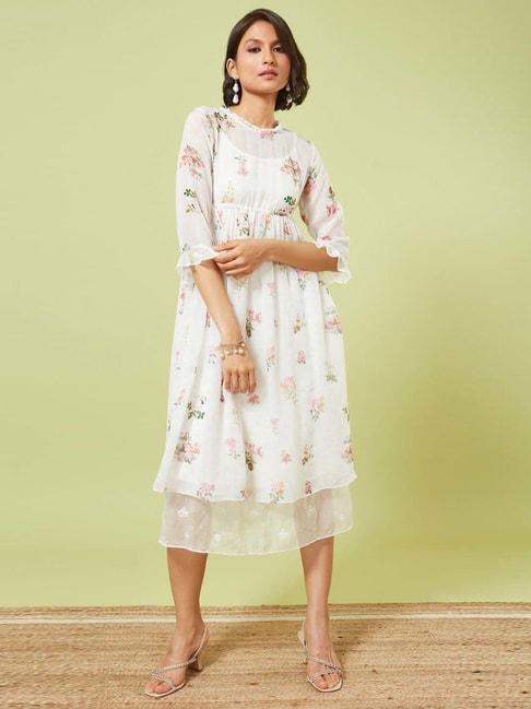 Marigold Lane White Floral Print Double Layered A-line Dress