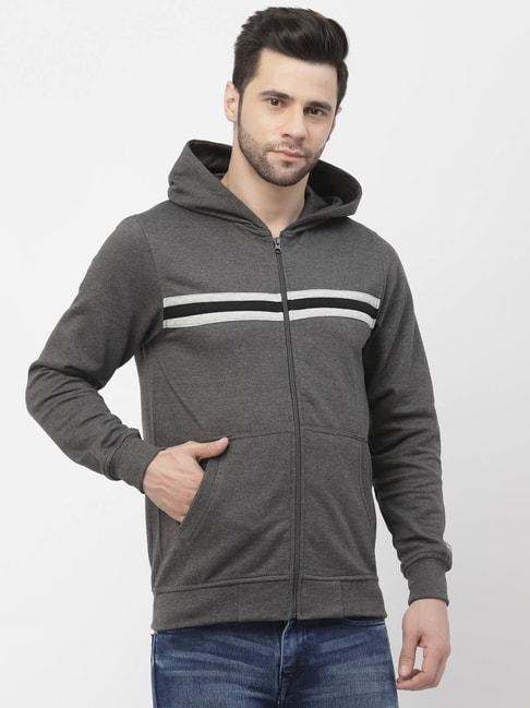 Kalt Grey Regular Fit Stripes Hooded Sweatshirt