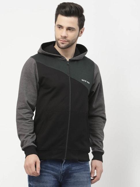 Kalt Black & Grey Regular Fit Colour-Block Hooded Sweatshirt