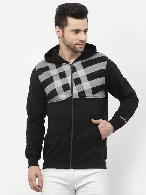 Kalt Black Regular Fit Checks Hooded Sweatshirt