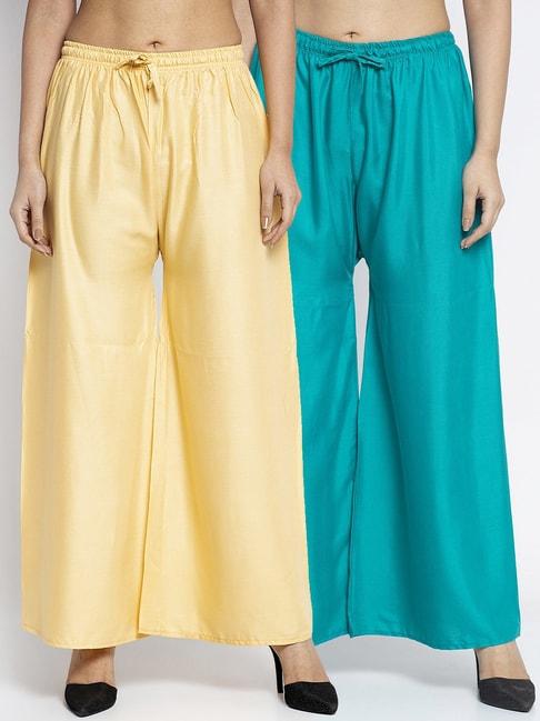 Gracit Beige & Sea Green Rayon Palazzos - Pack of 2