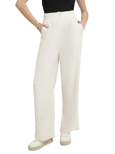 METTLE Off White Striped Regular Fit Mid Rise Parallel Trousers