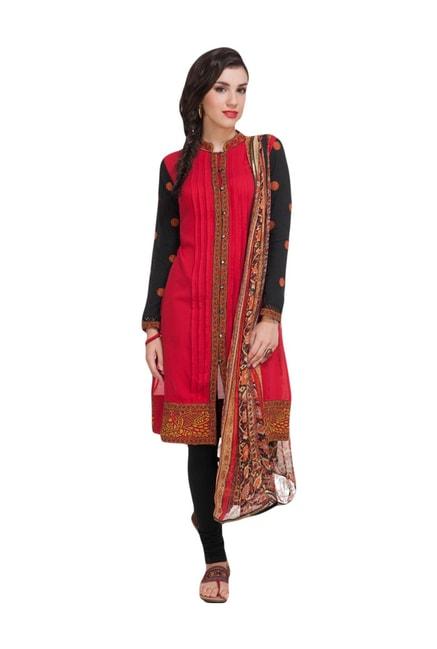 Naari Red & Black Embroidered Unstitched Dress Material