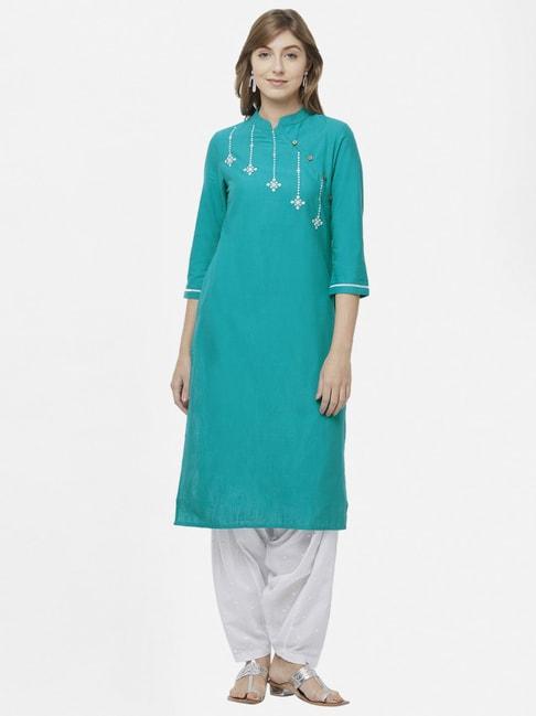 Naari Turquoise Cotton Embroidered Straight Kurti