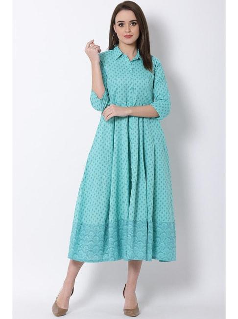 Rangriti Green Cotton Printed A-Line Dress