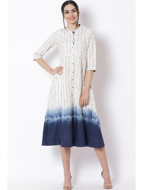 Rangriti Ecru Cotton Printed A-Line Dress