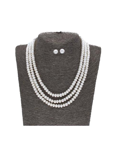 Sri Jagdamba Pearls 3 Line Pearl White Alloy Necklace Set