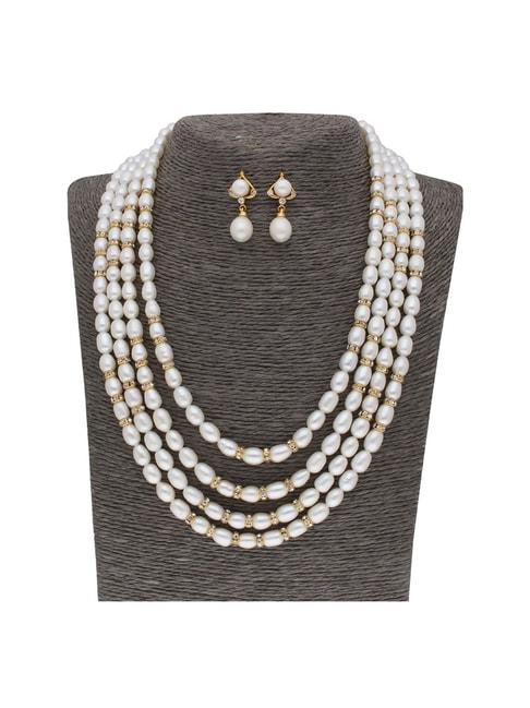 Sri Jagdamba Pearls 4 Line Pearl White Alloy Necklace Set