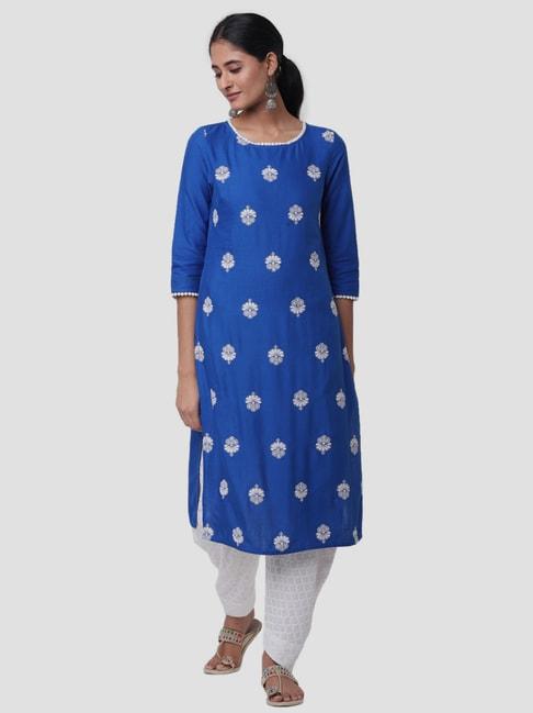 Naari Blue Cotton Embroidered Straight Kurta