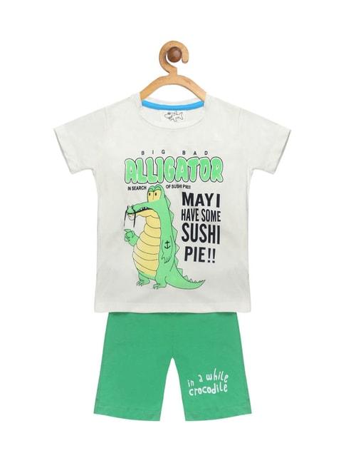Lazy Shark Kids White & Green Printed  T-Shirt with  Shorts