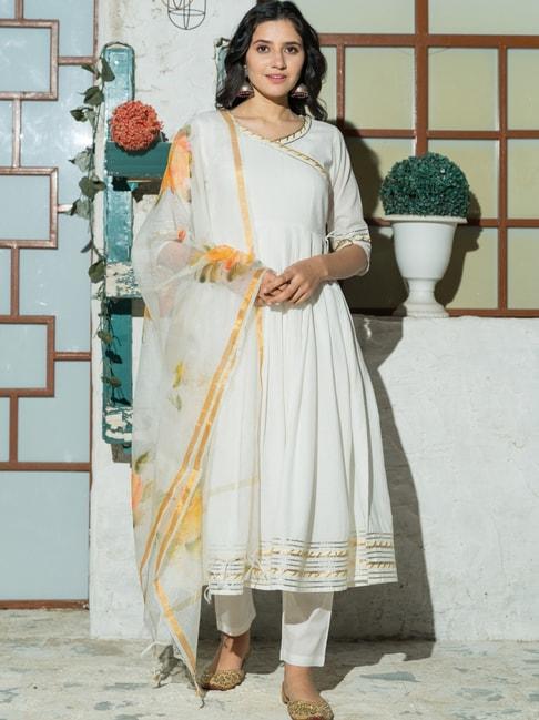 Pheeta White Cotton Kurta Pant Set With Dupatta