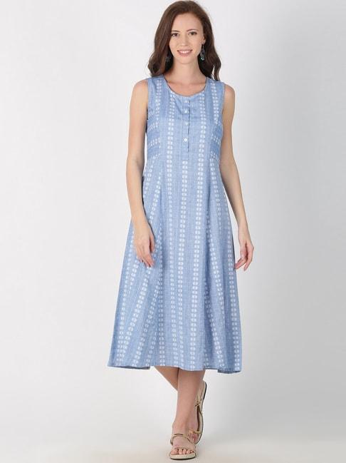 Saffron Threads Blue Cotton Embroidered A-Line Dress
