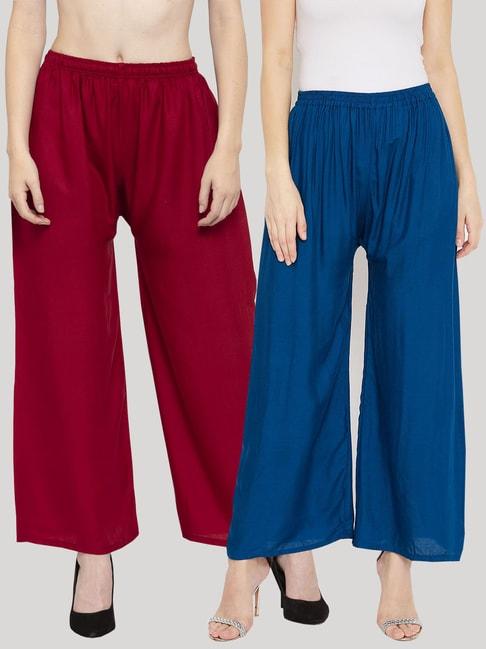 Clora Creation Maroon & Blue Regular Fit Palazzos - Pack Of 2