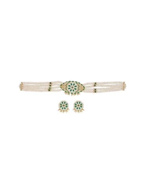 Sri Jagdamba Pearls Green & White Pearl Choker Necklace Set