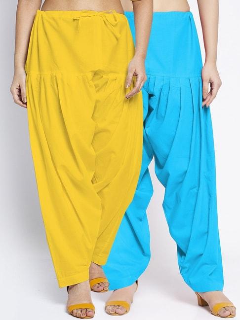 Gracit Yellow & Light Firozi Loose Fit Cotton Salwar Pack of - 2