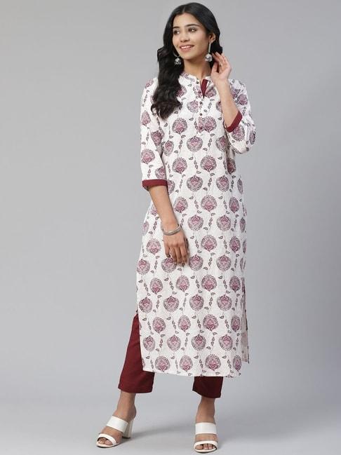 Sringam Beige & Maroon Cotton Printed Kurta Pant Set