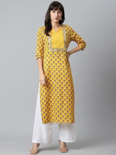Sringam Yellow Cotton Printed Straight Kurta