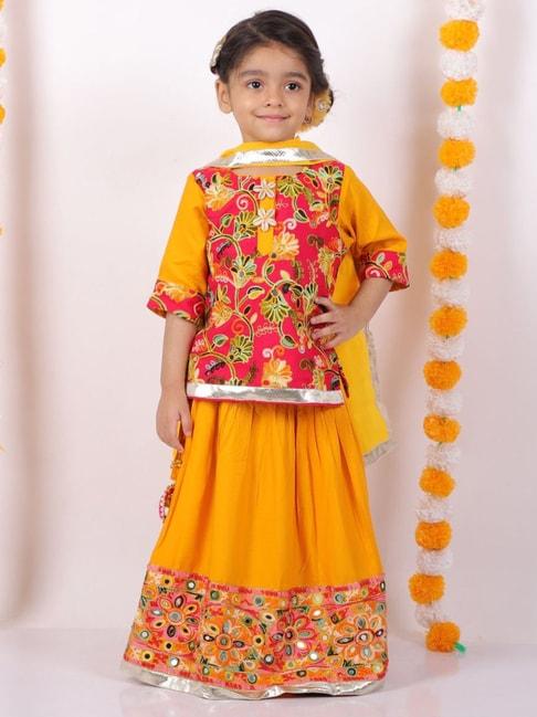 Little Bansi Kids Yellow Cotton Embellished Kurta Lehenga Set
