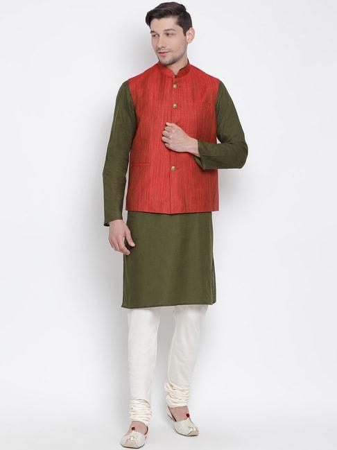 VASTRAMAY Green & Red Linen Straight Fit Self Pattern Kurta Set With Jacket