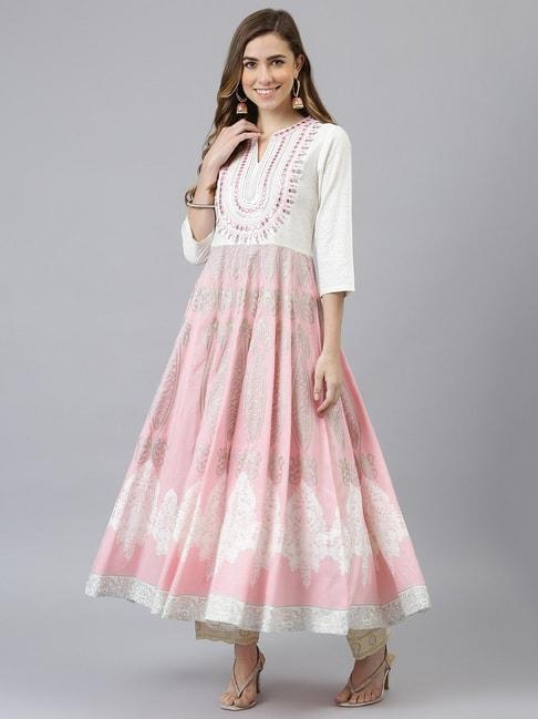 Khushal K Pink & White Cotton Embroidered Flared Kurta