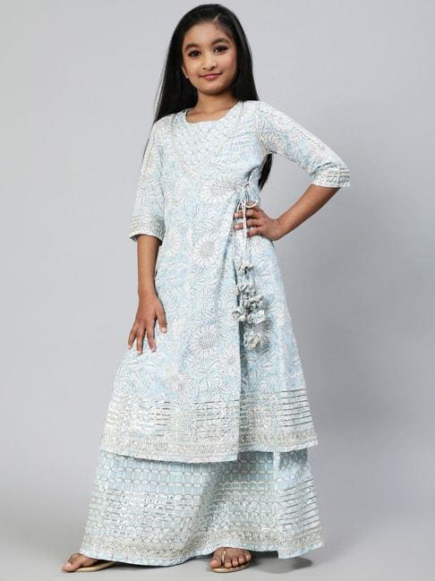 Aks Kids Blue Cotton Floral Print Casual Dress