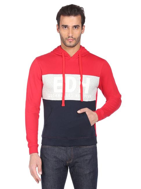 Ed Hardy Red Cotton Regular Fit Self Pattern Hooded Sweatshirt