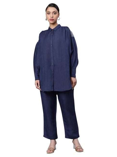 Linen Club Woman Navy Embroidered Tunic