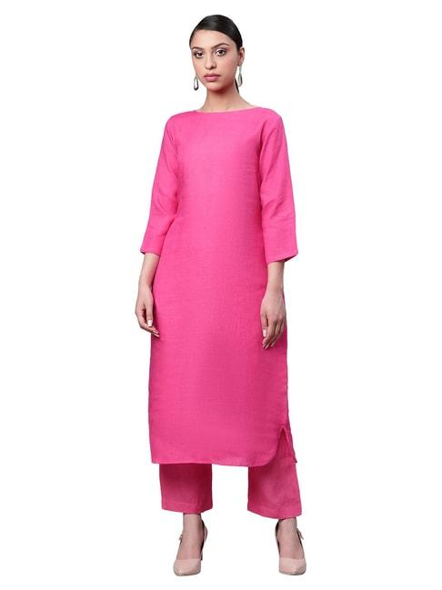 Linen Club Woman Pink Straight Kurta