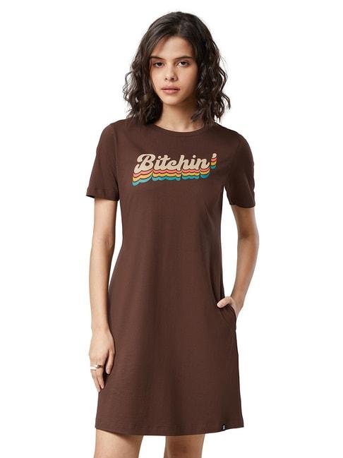 The Souled Store Brown Graphic Print T Shirt Dress