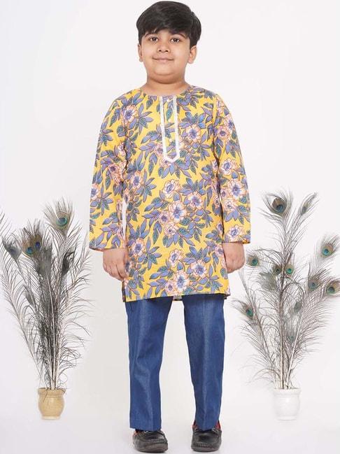 Little Bansi Kids Yellow & Blue Cotton Floral Print Full Sleeves Kurta Set