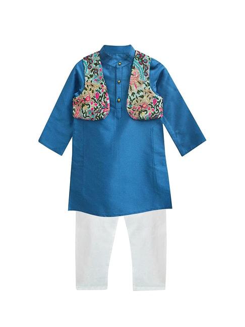 A.T.U.N. Turquoise & White Embroidered Full Sleeves Kurta with Jacket & Pyjamas