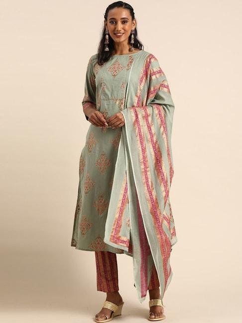 Rajnandini Green & Pink Printed Kurta Pant Set With Dupatta