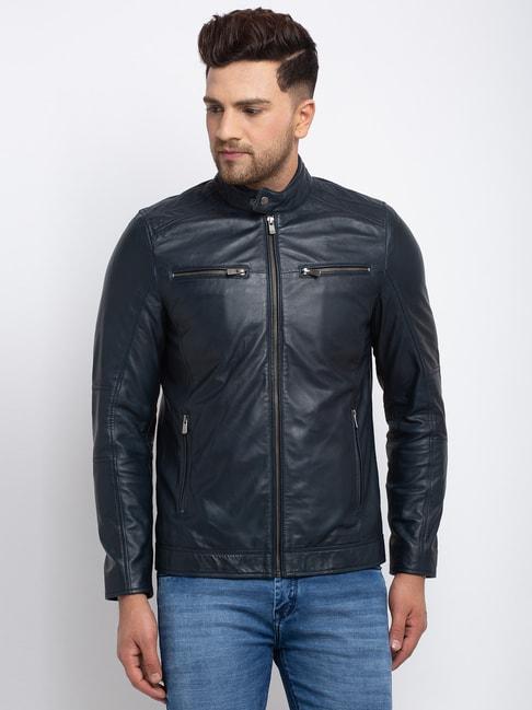 Teakwood Leathers Dark Blue Mandarin Collar Leather Jacket