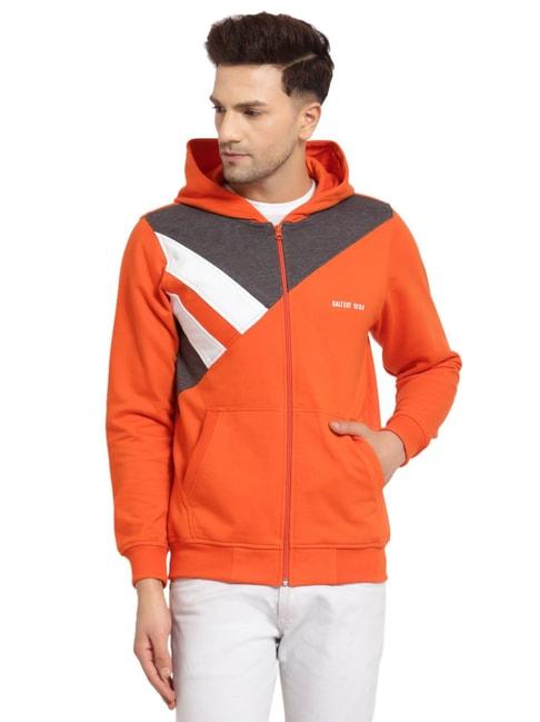 Kalt Orange Regular Fit Colour Block Hooded SweatShirt