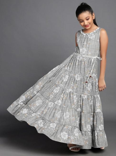 Aks Kids Grey Cotton Floral Print Dress