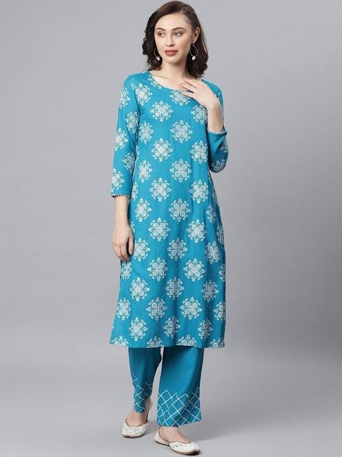 Khushal K Blue Printed Kurta Pant Set