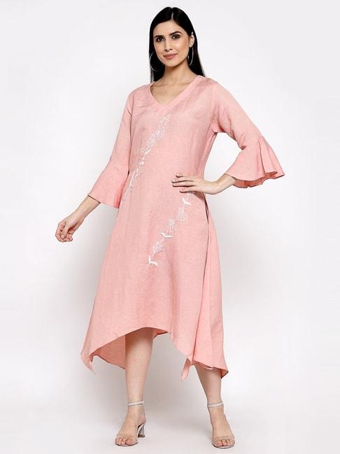 DART STUDIO Peach Linen Embroidered A-Line Dress
