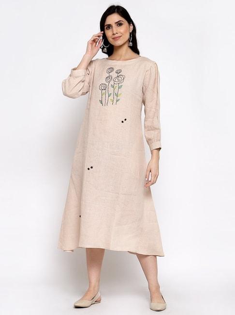 DART STUDIO Beige Linen Embroidered A-Line Dress