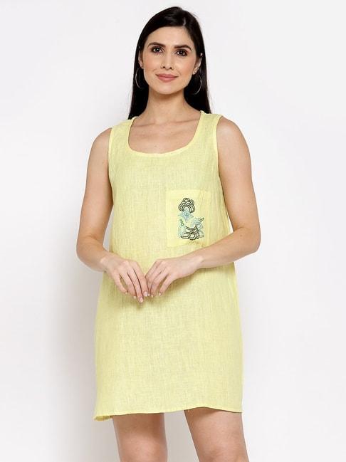 DART STUDIO Yellow Linen Embroidered A-Line Dress