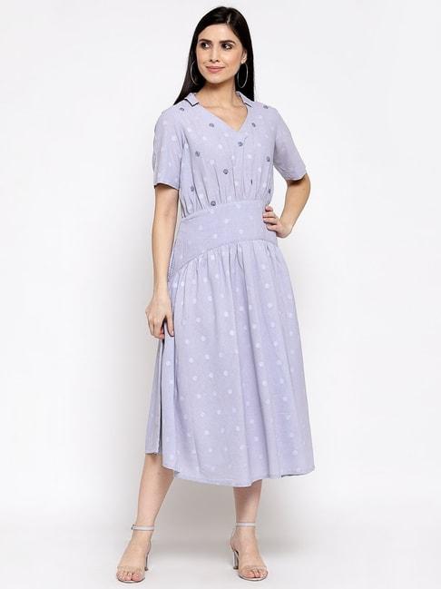 DART STUDIO Blue Cotton Embroidered A-Line Dress
