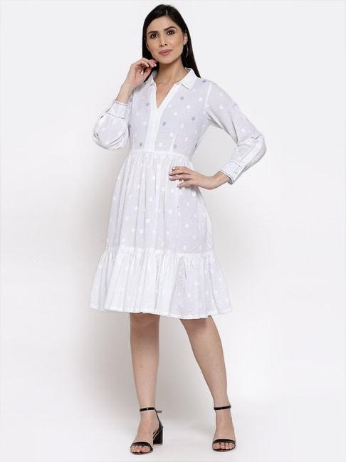 DART STUDIO White Cotton Embroidered A-Line Dress