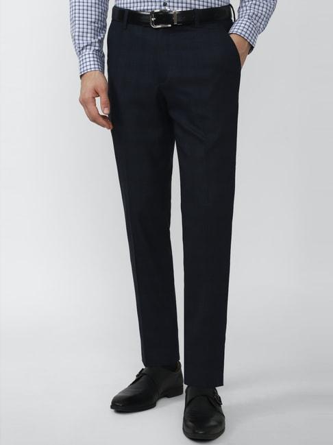 Peter England Navy Slim Fit Checks Trousers