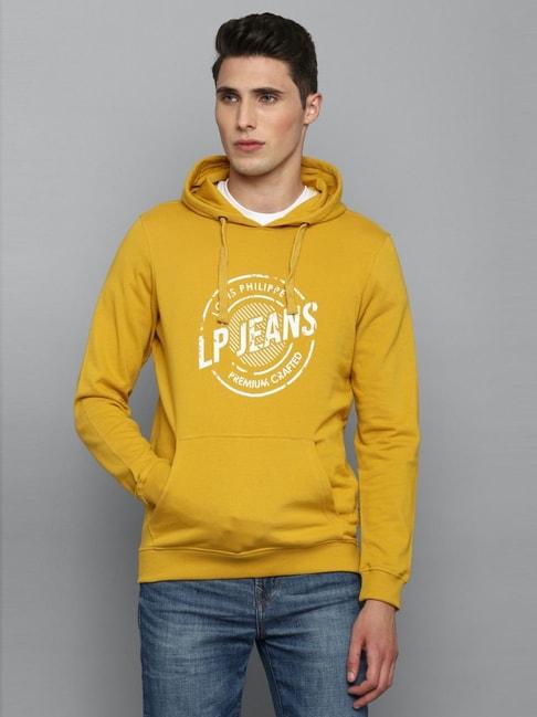 Louis Philippe Jeans Yellow Cotton Regular Fit Printed Hooded SweatShirt