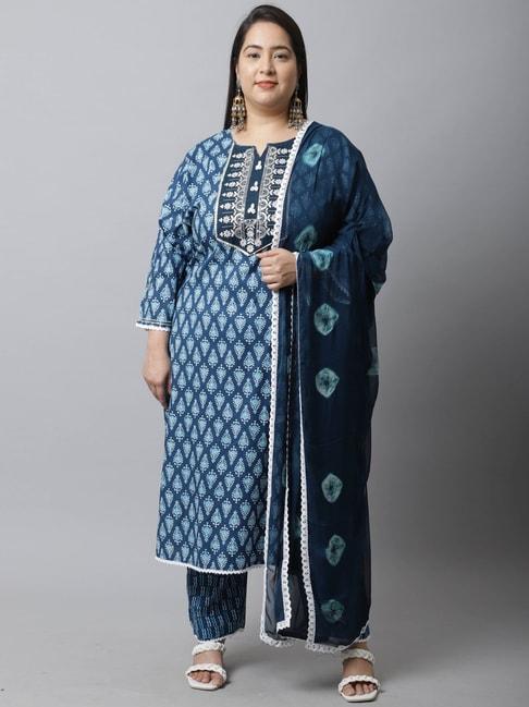 Rajnandini Blue Cotton Embroidered Kurta Pant Set With Dupatta
